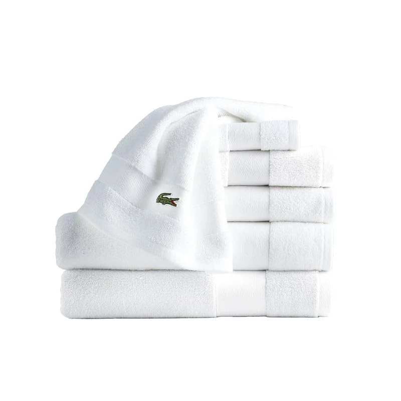 Lacoste Sport Stripe 6-Piece Luxury Cotton Towel Set – Made with 100% Soft Supima Cotton, Absorbent & Quick-Drying, Includes 2 Bath Towels, 2 Hand Towels, 2 Washcloths, White