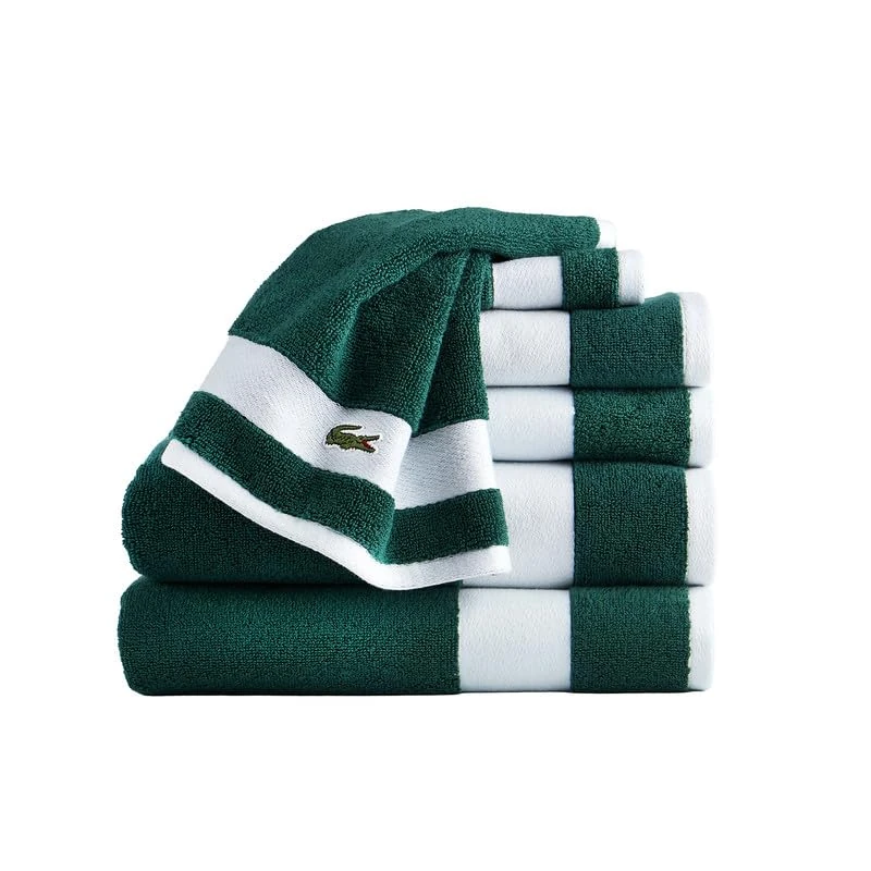 Lacoste Sport Stripe 6-Piece Luxury Cotton Towel Set – Made with 100% Soft Supima Cotton, Absorbent & Quick-Drying, Includes 2 Bath Towels, 2 Hand Towels, 2 Washcloths, Croc Green