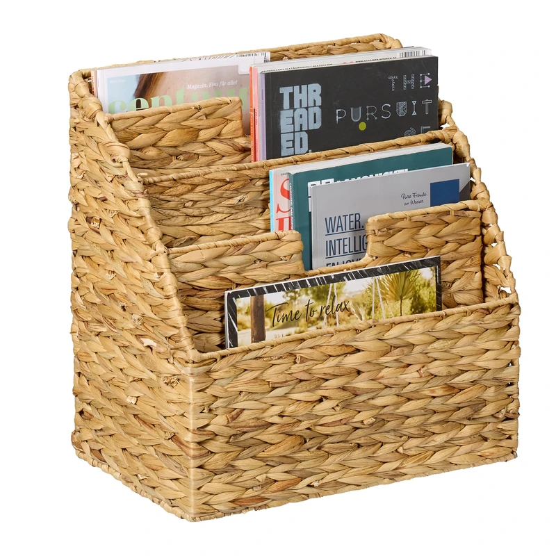 Relaxdays Magazine Holder, Water Hyacinth, Freestanding, 34 x 34 x 20 cm, Woven Newspaper Rack with 4 Slots, Natural, Plant fibre, Iron - Image 1