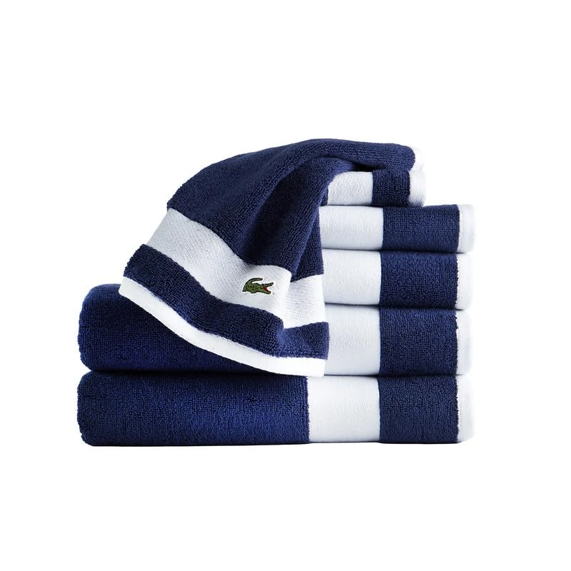 Lacoste Sport Stripe 6-Piece Luxury Cotton Towel Set – Made with 100% Soft Supima Cotton, Absorbent & Quick-Drying, Includes 2 Bath Towels, 2 Hand Towels, 2 Washcloths, Navy