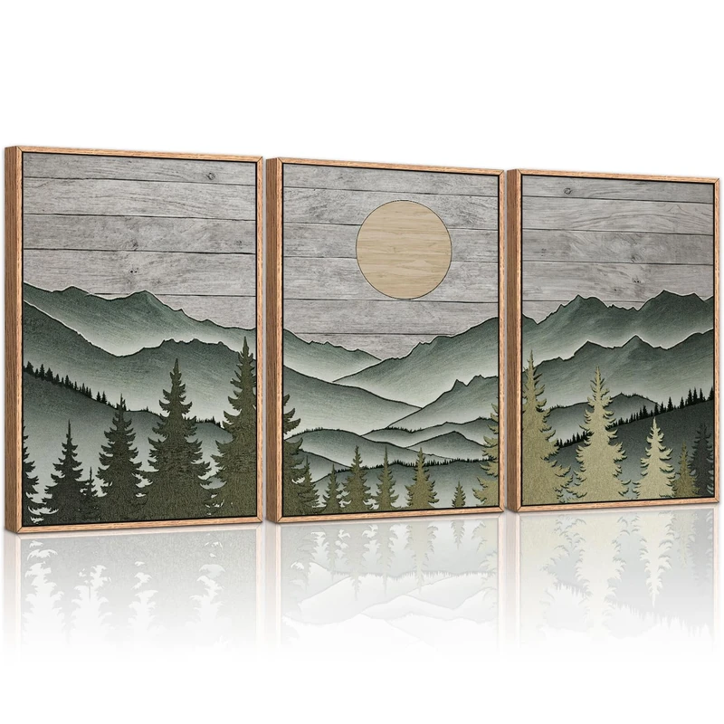 HLNIUC Woodcut Mountain Forest Framed Wall Art Set