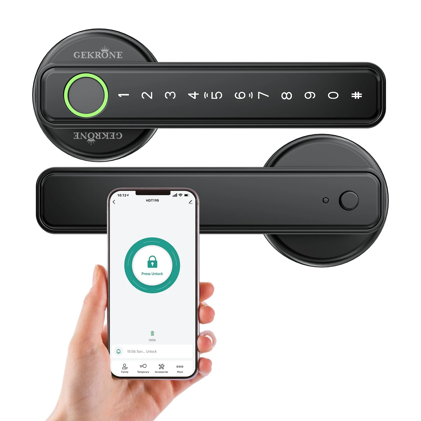 GEKRONE Fingerprint Smart Lever Lock TUYA APP Control Keyless Entry Bluetooth Touchscreen Indoor Handle Biometric Electronic Digital Door Knob with Keypad Suitable for Hotel Office Apartment Bedroom