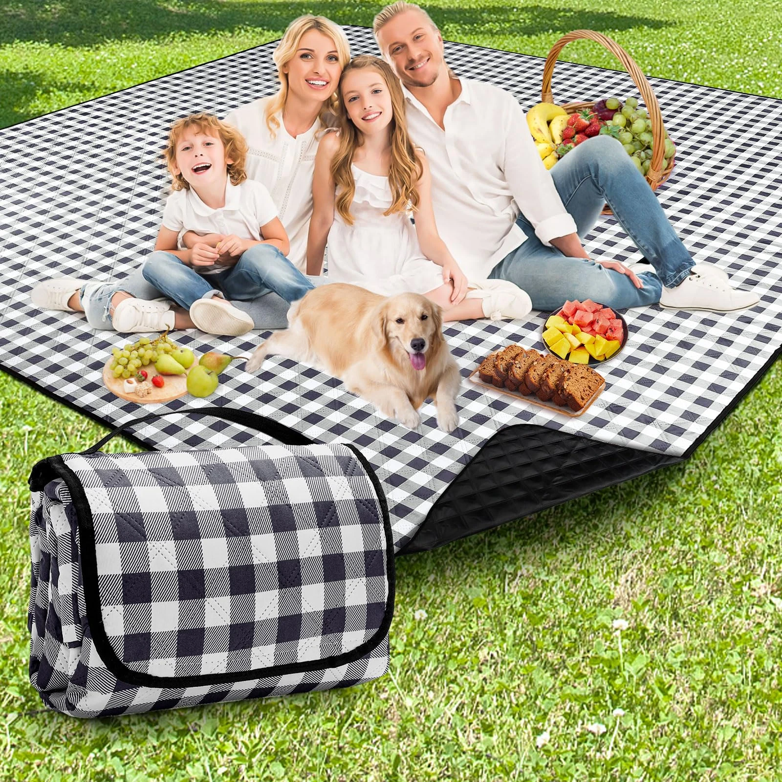 Anyiner Waterproof Picnic Blanket, 200 x 200 cm Large Beach Blanket, 3-Layer Picnic Mat Camping Blanket, Sandproof Mashine Washable for Camping, Park, Garden, Beach, Outdoor (Blue Plaid)