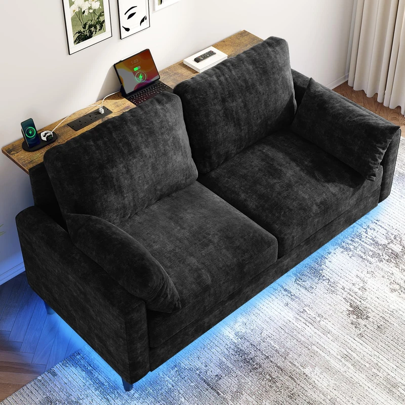 KKL 2 Seater Sofa with LED Lights, Small Couch Loveseat with 2 AC Outlets and 2 USB Ports, Chenille Sofas Couches with Console Table for Living Room, Easy Assembly, Black - Image 1