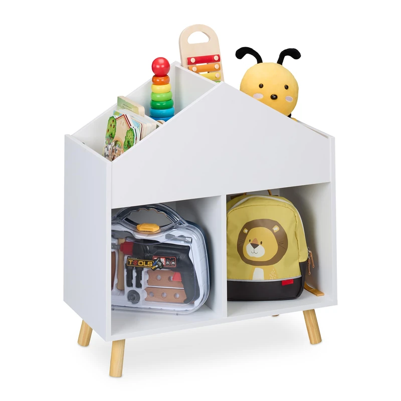 Relaxdays Children's Shelf, House Shape, HxWxD: 67 x 60 x 30 cm, 6 Compartments, Kids Toy Storage Unit, White/Natural