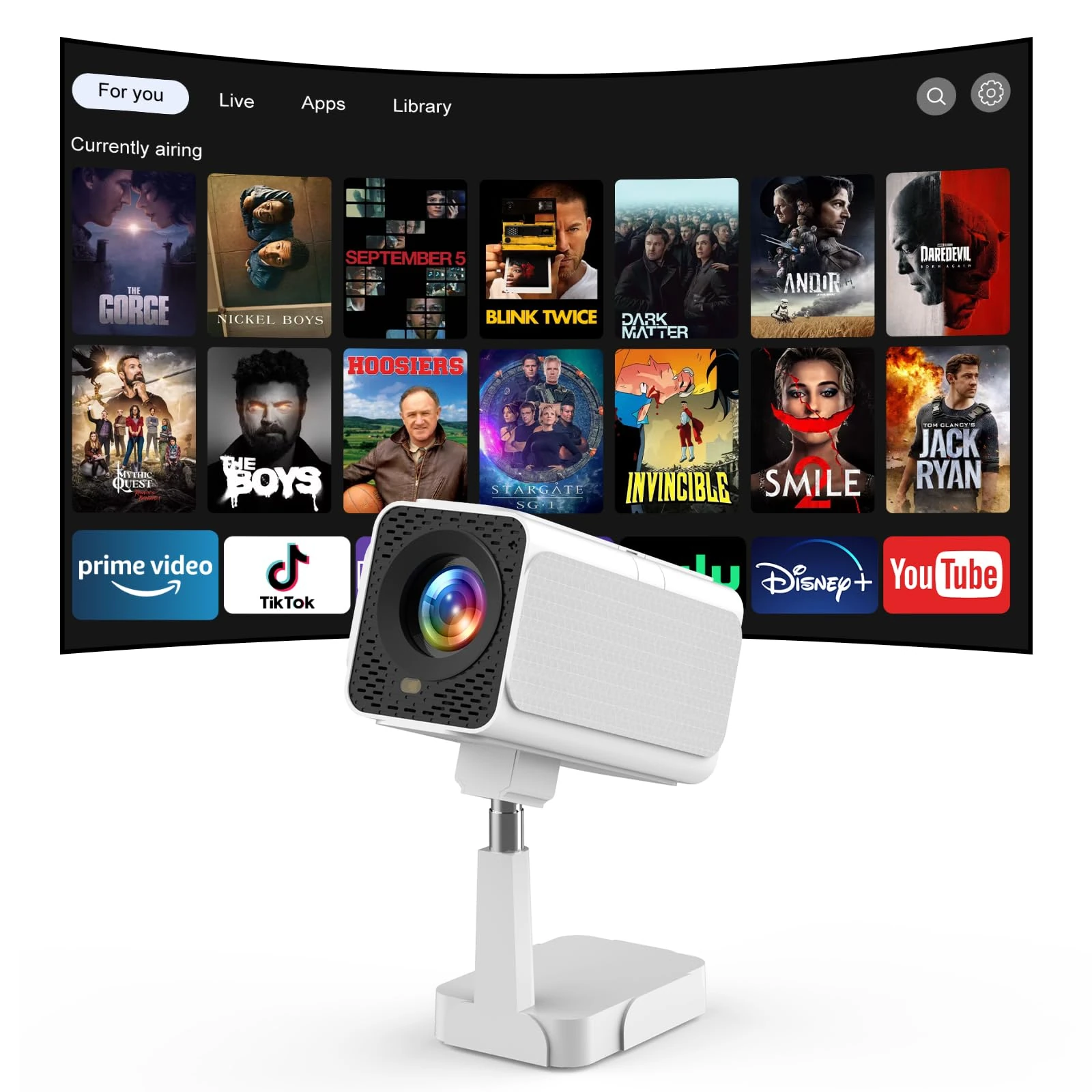 [Android TV OS & Telescopic Stand] PURSHE Smart Projector with WiFi6 and Bluetooth, Electric Focus/Auto Keystone 1080P Mini Projector 300ANSI with 180°Adjustable Stand, One-Click Use YouTube/HBO/Hulu