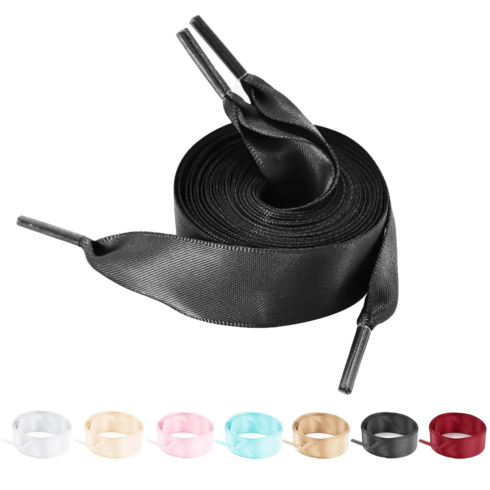 NDTEZUGT 2 Pairs Ribbon Laces for Trainers, 2CM Wide Satin Flat Soft Silk Replacement Shoelaces for Women Casual Shoes (Black,45"/115cm)