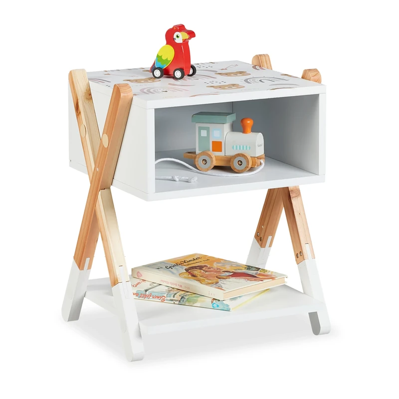 Relaxdays Children's Bedside Table, Nightstand with Shelf, 42x34x32 cm, Kids' Bedroom, Teddy-Design, Wood & MDF, Multi, Fibreboard