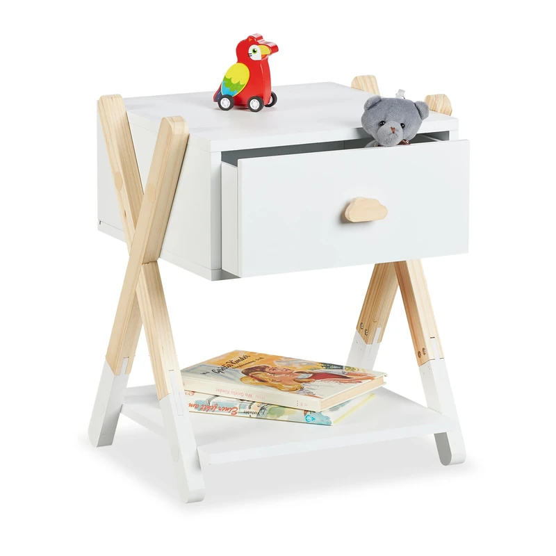 Relaxdays Children's Bedside Table, Kids Nightstand with Drawer, HWD: 42x34x32 cm, X-Design, Wood & MDF, White/Natural, Fibreboard