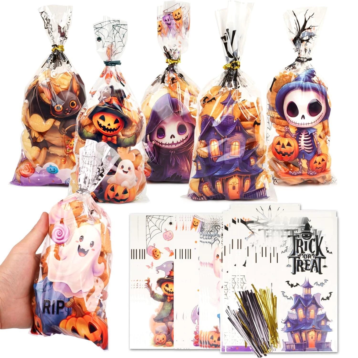FINGOOO 120 Pack Halloween Cellophane Treat Bags, Cellophane Goodie Candy Bag for Kids Plastic Goody Snack Bags Party Supplies
