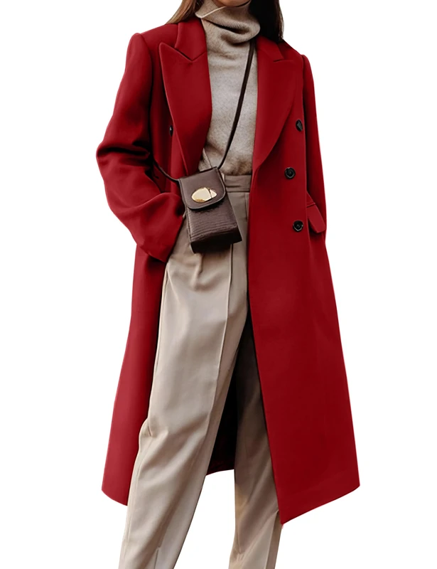 IDEALSANXUN Womens Long Wool Coats Fall Winter Double Breasted Trench Coat Peacoat, Mapel Red, Large