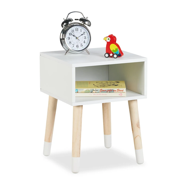Relaxdays Children's Bedside Table, Nightstand with Open Shelf, 40x30x30 cm, Kids Bedroom, 4 Wooden Legs, MDF, White, Fibreboard, Wood - Image 1