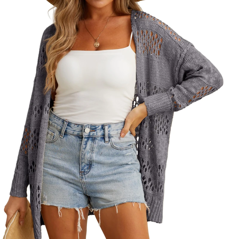 GRECERELLE Crochet Cardigan - Summer Beach Cover Up, Dark Gray XL
