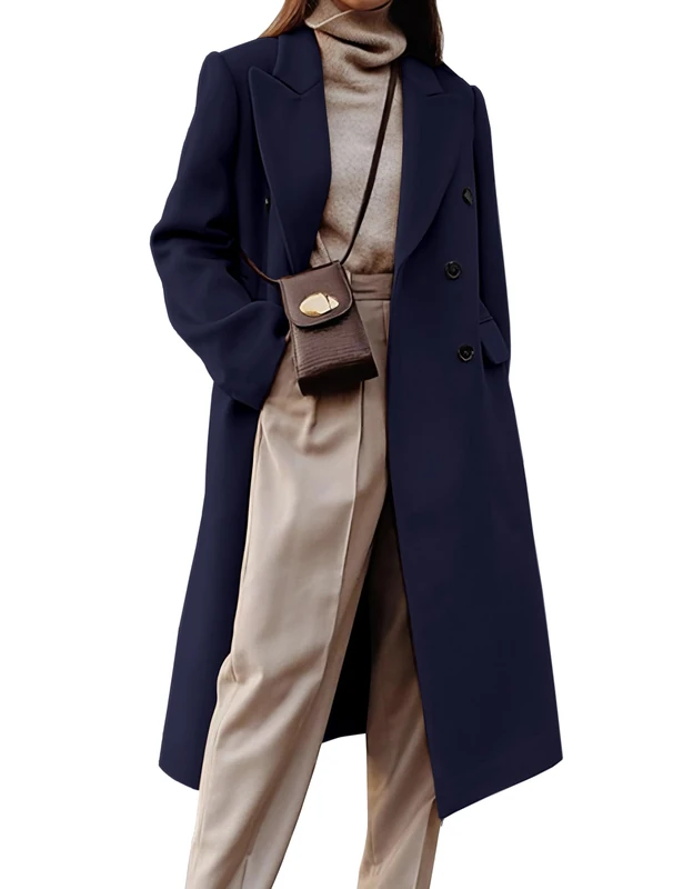 IDEALSANXUN Womens Long Wool Coats Fall Winter Double Breasted Trench Coat Peacoat, Navy, Medium