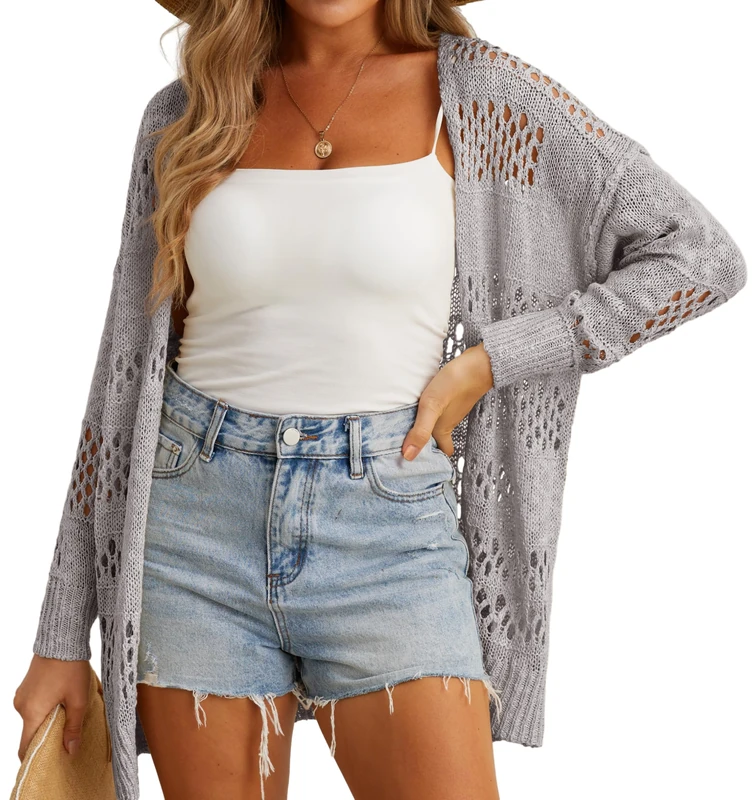 GRECERELLE Crochet Cardigan for Women Summer Beach Cover Up Lightweight Hollowed Out Open Front Long Cardigans Ladies Sun Protection Beachwear (Light Gray, XL)