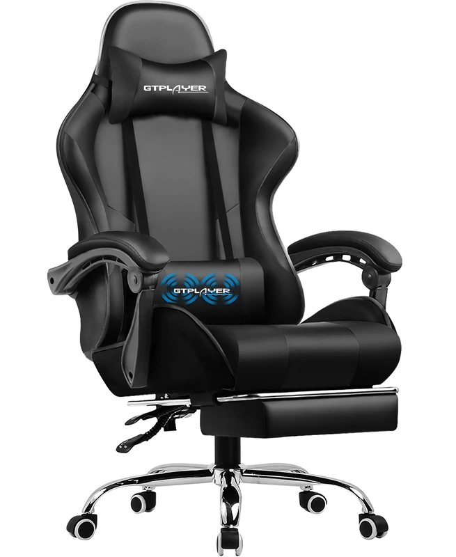 GTPLAYER Gaming Chair, Lumbar Massage Gaming Chair, Retractable Gaming Footrest 135° Backrest, Comfortable Leather Seat, Office Chair, Load 150kg, Black