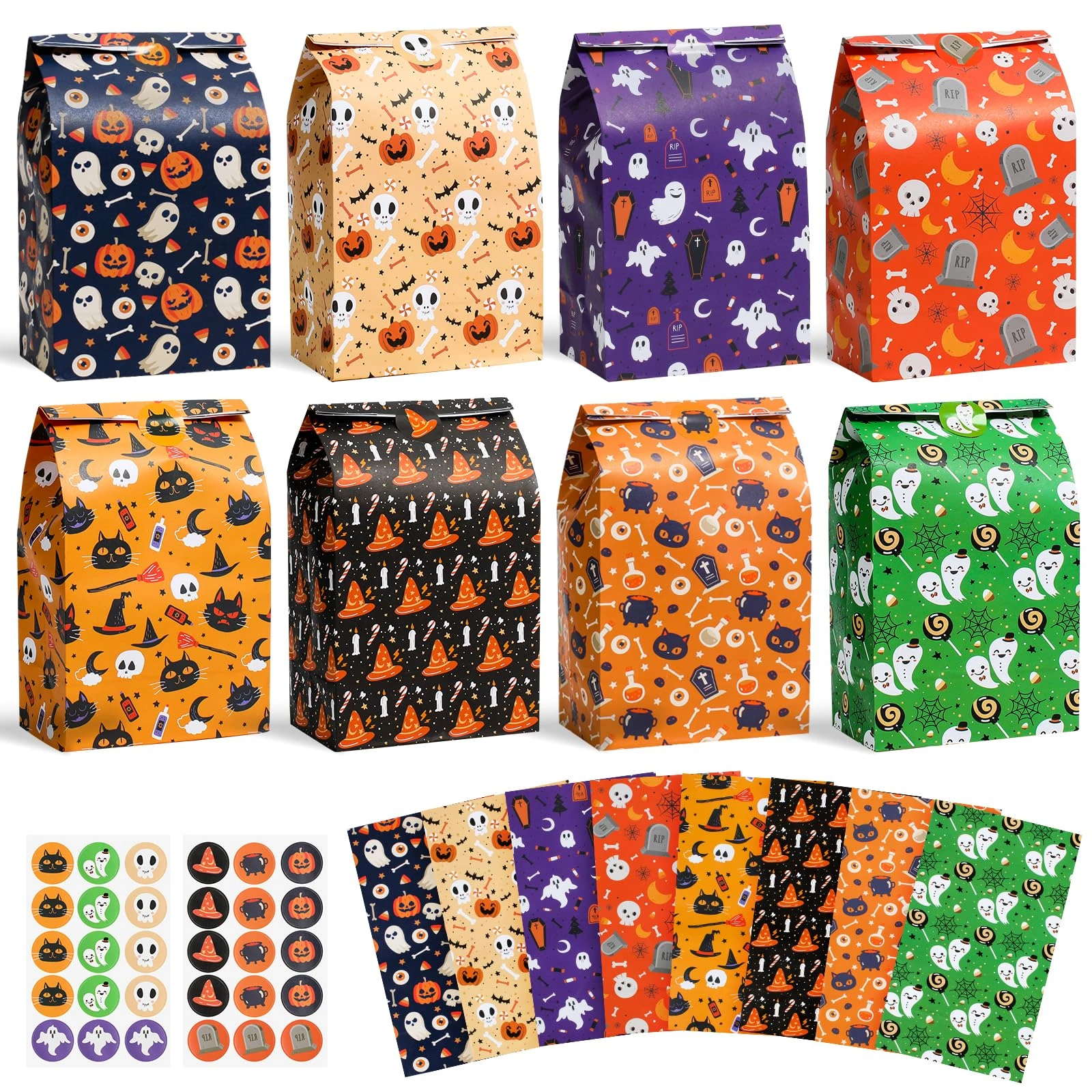 24 Pack Halloween Treat Bags with 30 Stickers - Halloween Trick or Treat Candy Goodie for Kids - Holiday Craft Paper Gift Bags for Holiday Bag Stuffer Filler, Party Supplies, 8 Assorted Designs