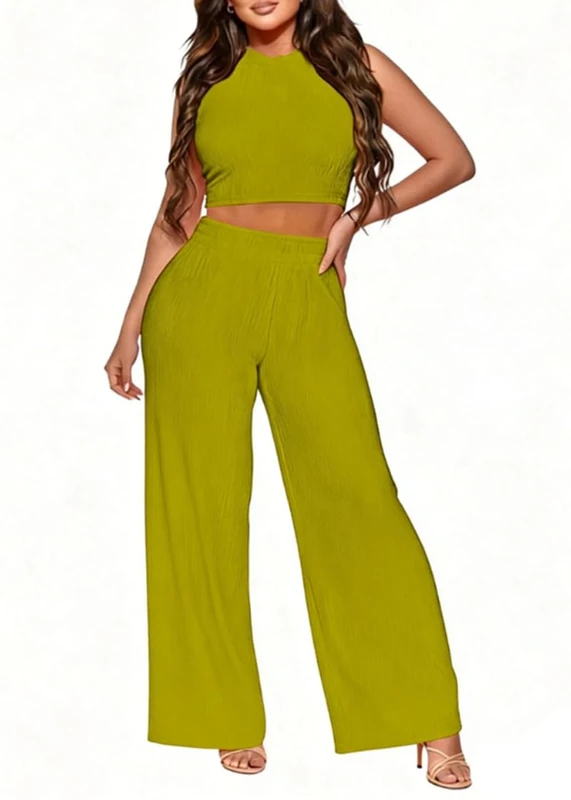 MOEENCN 2 Piece Lounge Set for Women Going Out Matching Set Clothing Crop Top Flare Pants Comfy Vacation Outfit Tracksuit, Lounge Set-chartreuse, M