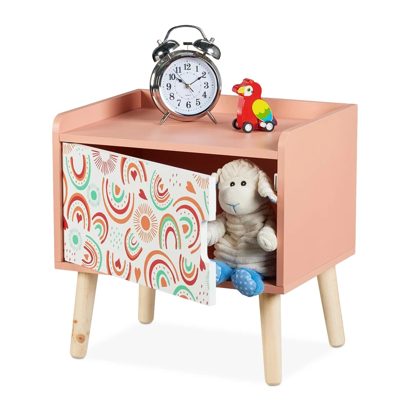 Relaxdays Children's Bedside Table, Rainbow, Kids Nightstand with Cupboard, HWD 41x40x30 cm, Wood & MDF, White/Pink, Fibreboard
