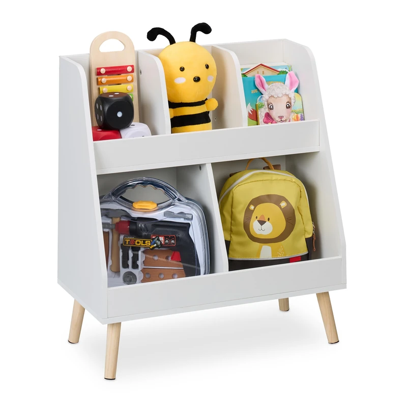 Relaxdays Children's Bookshelf, HxWxD: 66 x 60 x 30 cm, 5 Compartments, MDF, Wooden Legs, Kids Bookcase, White/Natural, Felt, Fibreboard, Wood