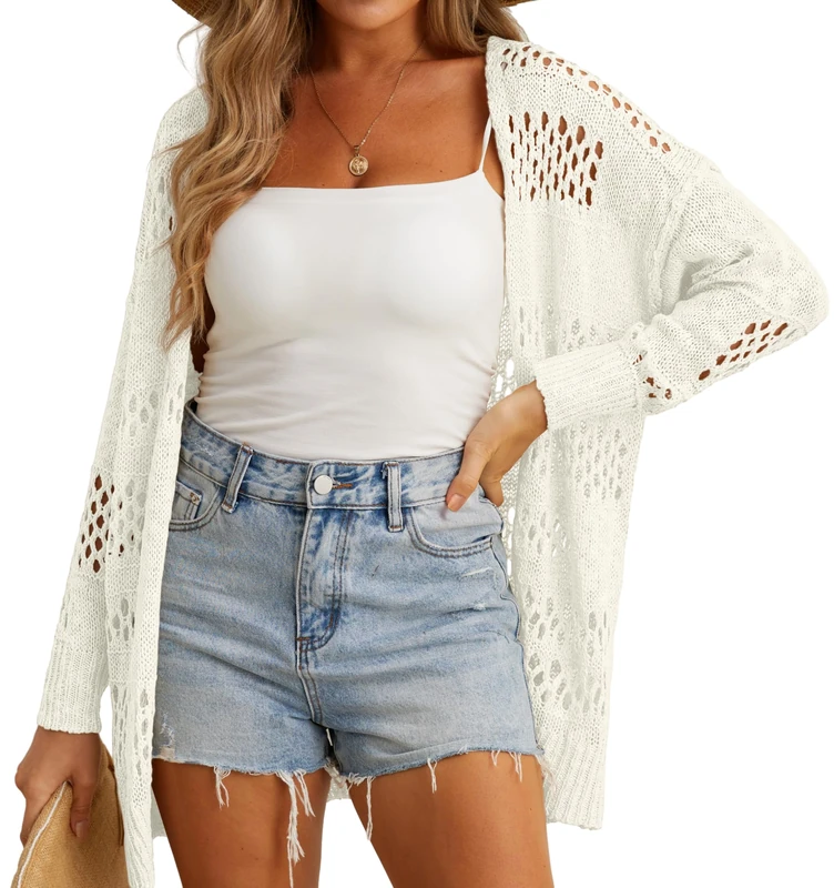 GRECERELLE Crochet Cardigan for Women Summer Beach Cover Up Lightweight Hollowed Out Open Front Long Cardigans Ladies Sun Protection Beachwear (White, XL)