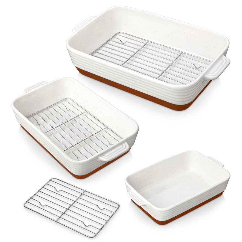 MALACASA Ceramic Baking Dish Set with Roasting Racks - 3 Sizes