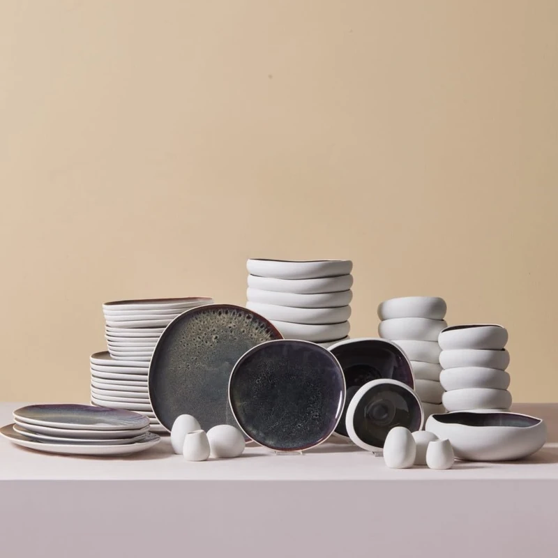 Karaca Earth Collection Galactic 55-Piece Stoneware Crockery Set for 12 People, Multicoloured Plate Set, Dishwasher Crockery Set, Dinner Service with Reactive Glaze, White