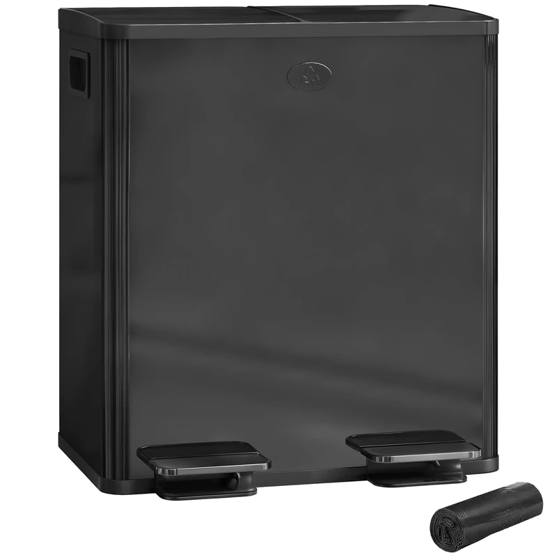 HOMCOM Dual Kitchen Bin, 2 x 20L Stainless Steel Double Rubbish Bin with Soft Close Lid, Removable Inner Buckets, Rubbish Bags, Fingerprint-Proof for Recycling and Waste, Glossy Black