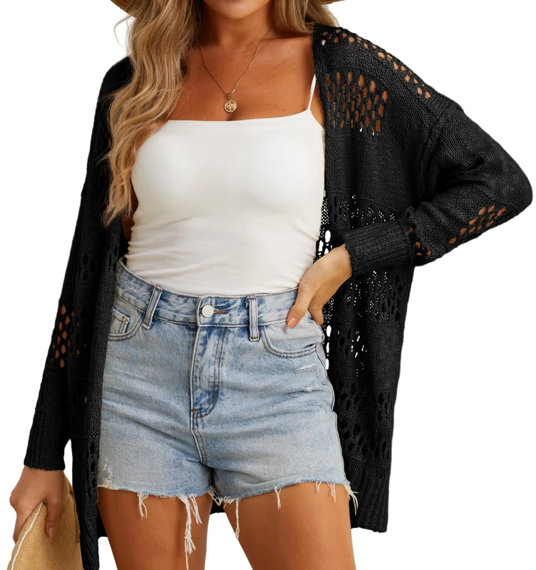 GRECERELLE Crochet Cardigan for Women Summer Beach Cover Up Lightweight Hollowed Out Open Front Long Cardigans Ladies Sun Protection Beachwear (Black, M)