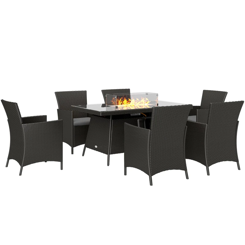 Outsunny Rattan Dining Set with Fire Pit Table and Armchairs, Grey