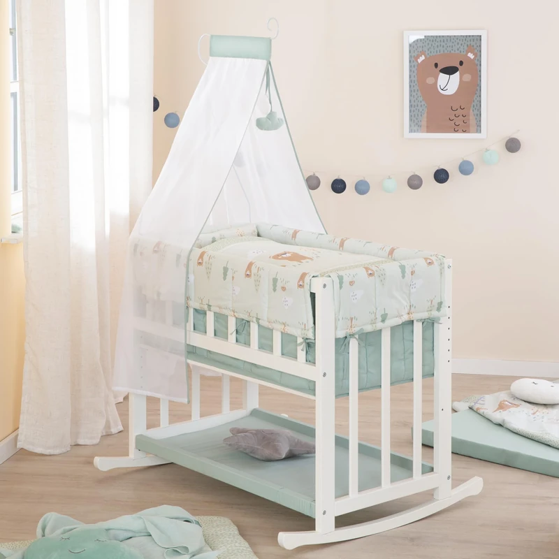roba Wooden Bassinet 4-in-1 - Woodland Buddies - 45 x 90 cm - Cradle, Bench & Co-Sleeper - Height Adjustable - Incl. Textiles, Canopy & Canopy Rod - White/Pastel Green