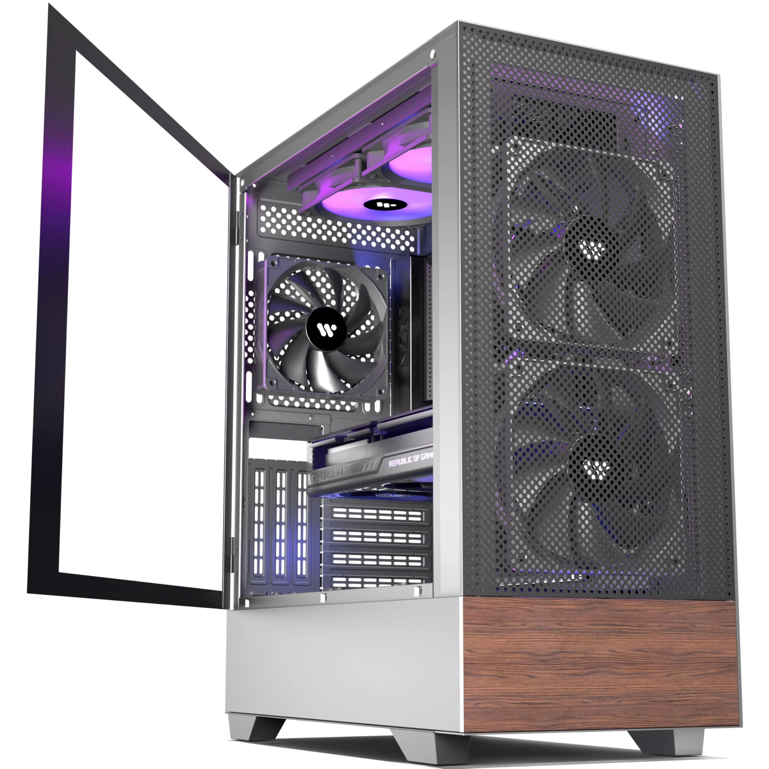 PCZZOI PC CASE ATX 3 Case Fans Pre-Installed, Mid Tower Computer Case with Tempered Glass, Printed Walnut Wood Panels,Support 360mm Radiator,Black Gaming Desktop Case (H3)