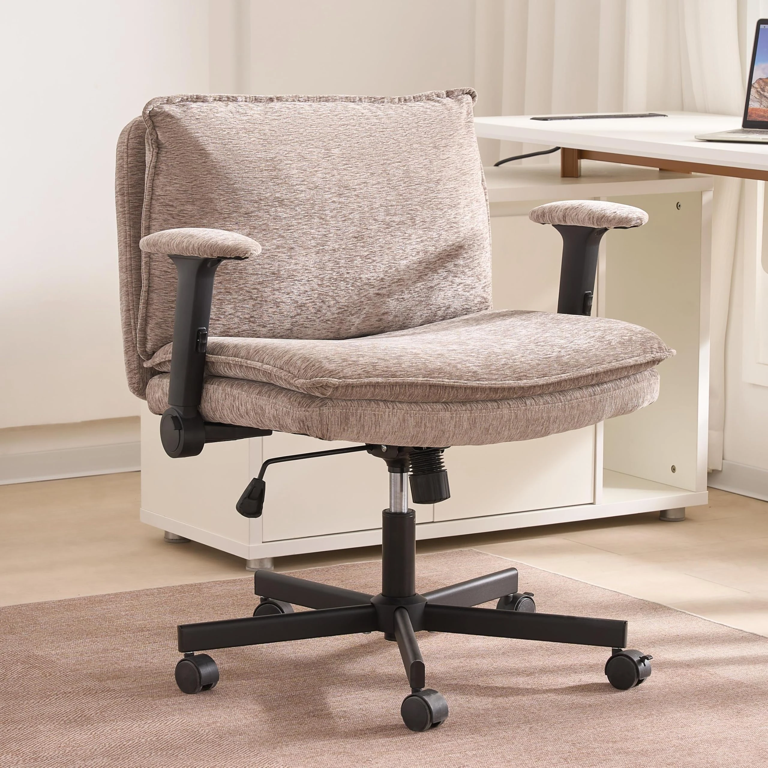 iMenting Criss Cross Desk Chair with Wheels and Arms Adjustable Vanity Desk Chair with Back 25’ Swivel Computer Chair with Cushion Modern Comfy Office Desk Chair for Bedroom, Accent, Apartment, Grey
