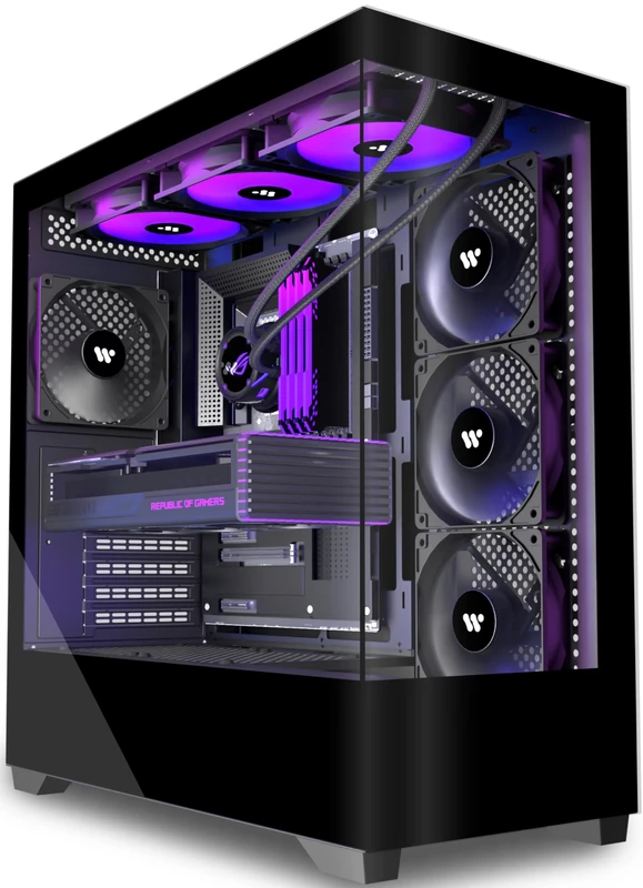 PCZZOI PC CASE ATX 4 Fans Pre-Installed, Type-C Mid Tower Computer Case with Full-View Dual Tempered Glass, Gaming PC Case,Black,P4
