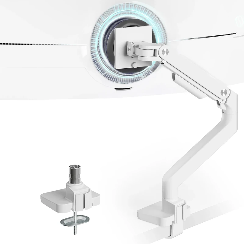ARES WING Single Monitor Arm for 17" to 49" Screens, White monitor Mount Holds 44Lbs, Adjustable Gas Spring Monitor Arm Desk mount with C Clamp, Grommet Base, 75/100MM VESA Mount