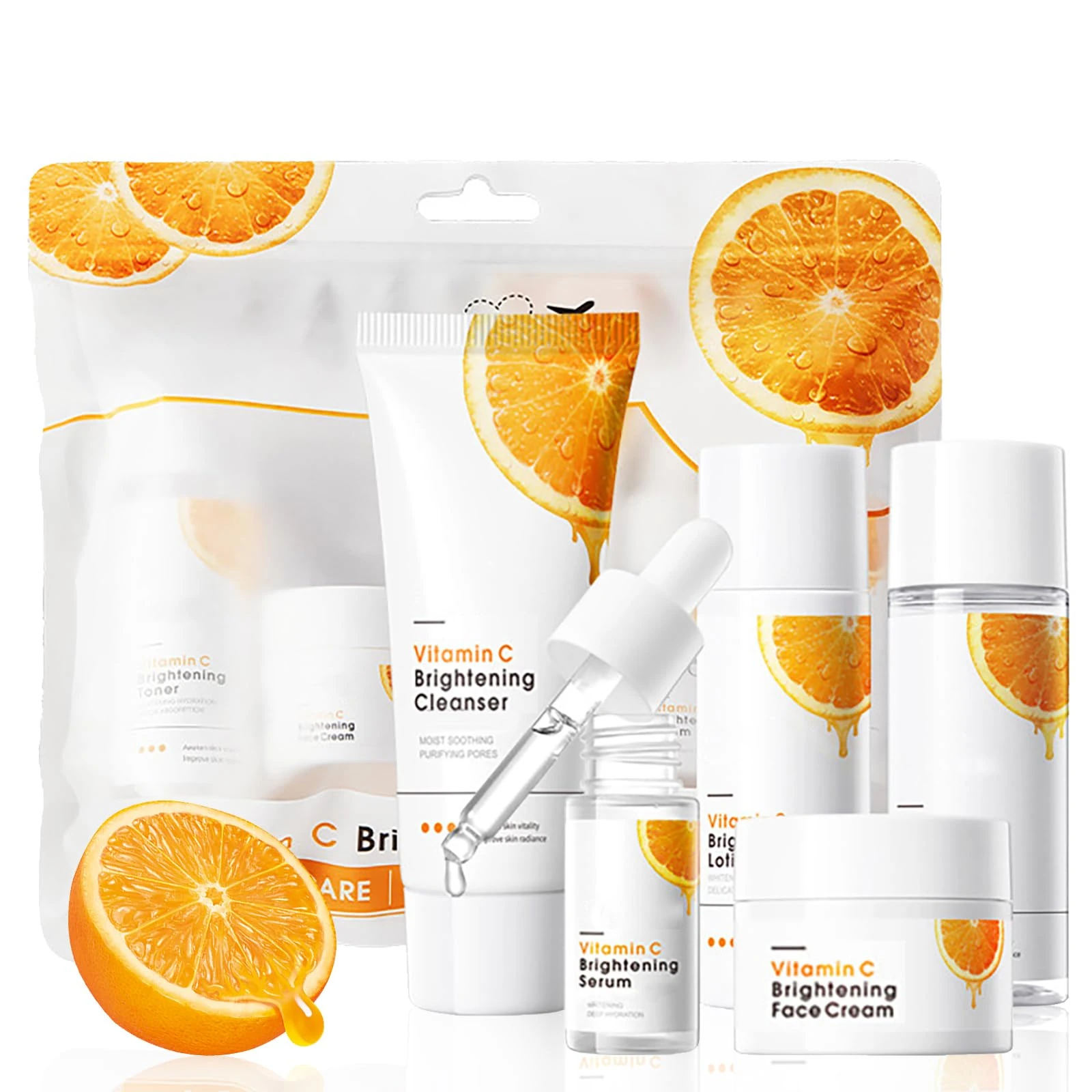 5PCS Vitamin C Travel Skincare Set - Glowing Facial Kit with Cleanser, Toner, Face Serum, Moisturising Cream & Lotion - Anti-Ageing & Hydrating Skin Care Set - Pamper Gift Set for Women Teenage Girls