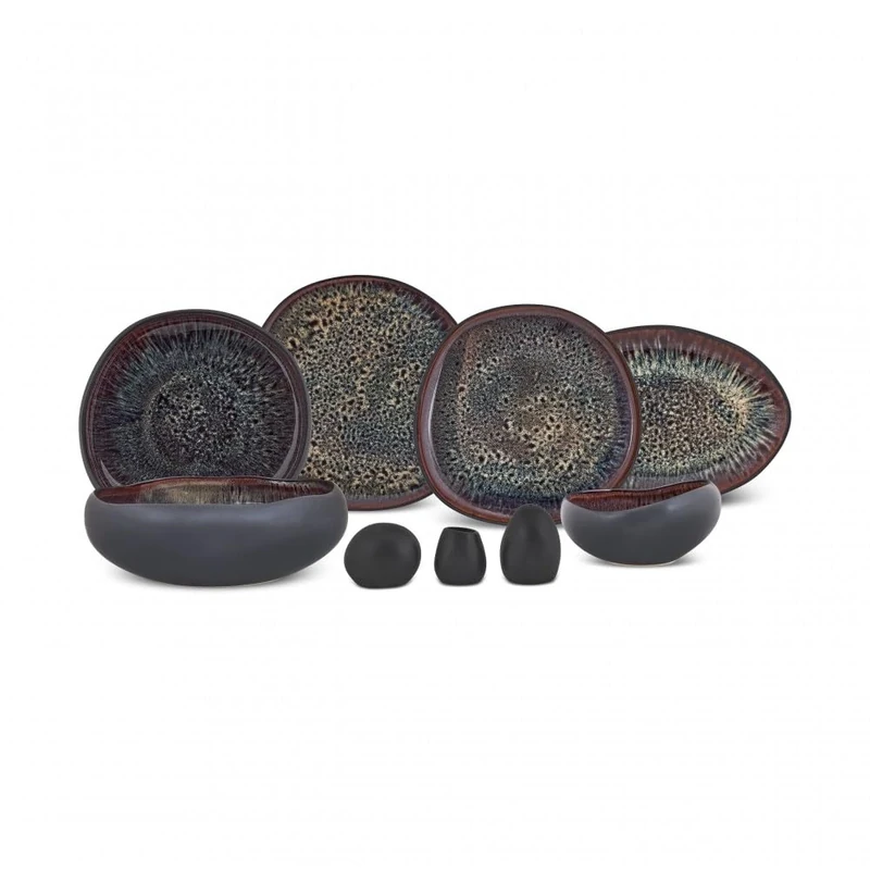 Karaca 55-Piece Stoneware Crockery Set for 12 People, Multicoloured Plate Set, Dishwasher Tableware Set, Earth Collection with Galactic Reactive Glaze, Black