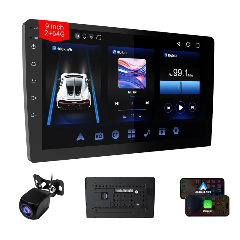 Haudio 9 Inch 2 Din Car Stereo with Apple Carplay and Android Auto, HD Backup Camera, GPS Navigation, Bluetooth, Voice Control, Mirror Link, FM/AM/AUX for All Vehicles - 2+64GB
