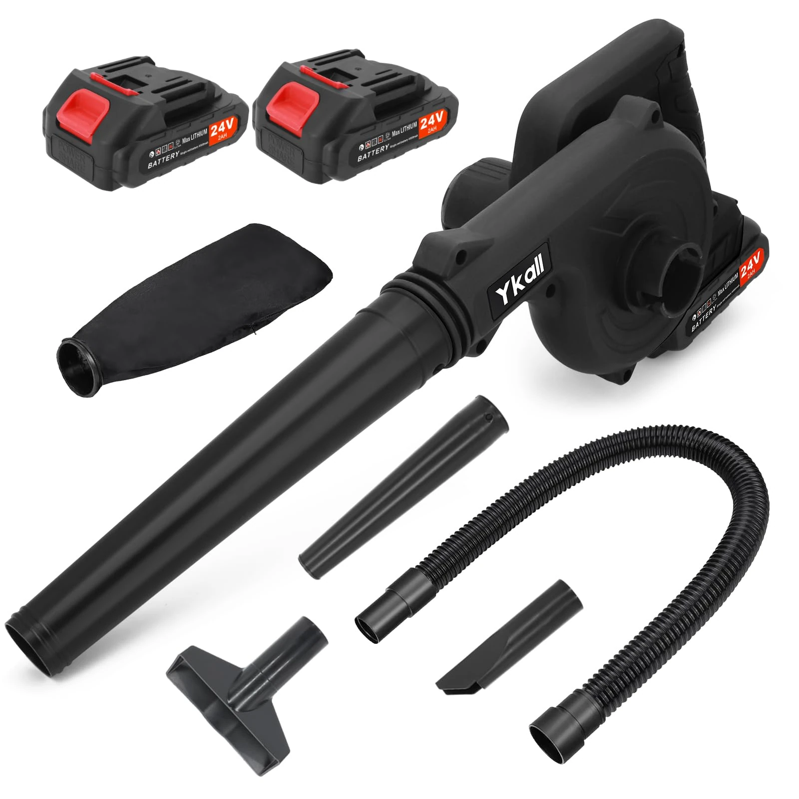 Ykall Cordless Leaf Blower 24V – Powerful Battery Leaf Blower with 2 Batteries & Charger, Lightweight Electric Blower for Lawn, Patio, Garage, Dust & Snow (Black)