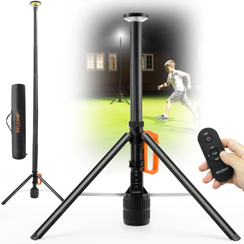 SYLSTAR 360° Telescopic Rechargeable Work Light with Remote&Stand (104in), 6000mAh 3000LM Bright 3 Colour Dimmable LED, IP65 Waterproof, for Jobsite, Workshop, Outdoor, Camping, Emergency Light