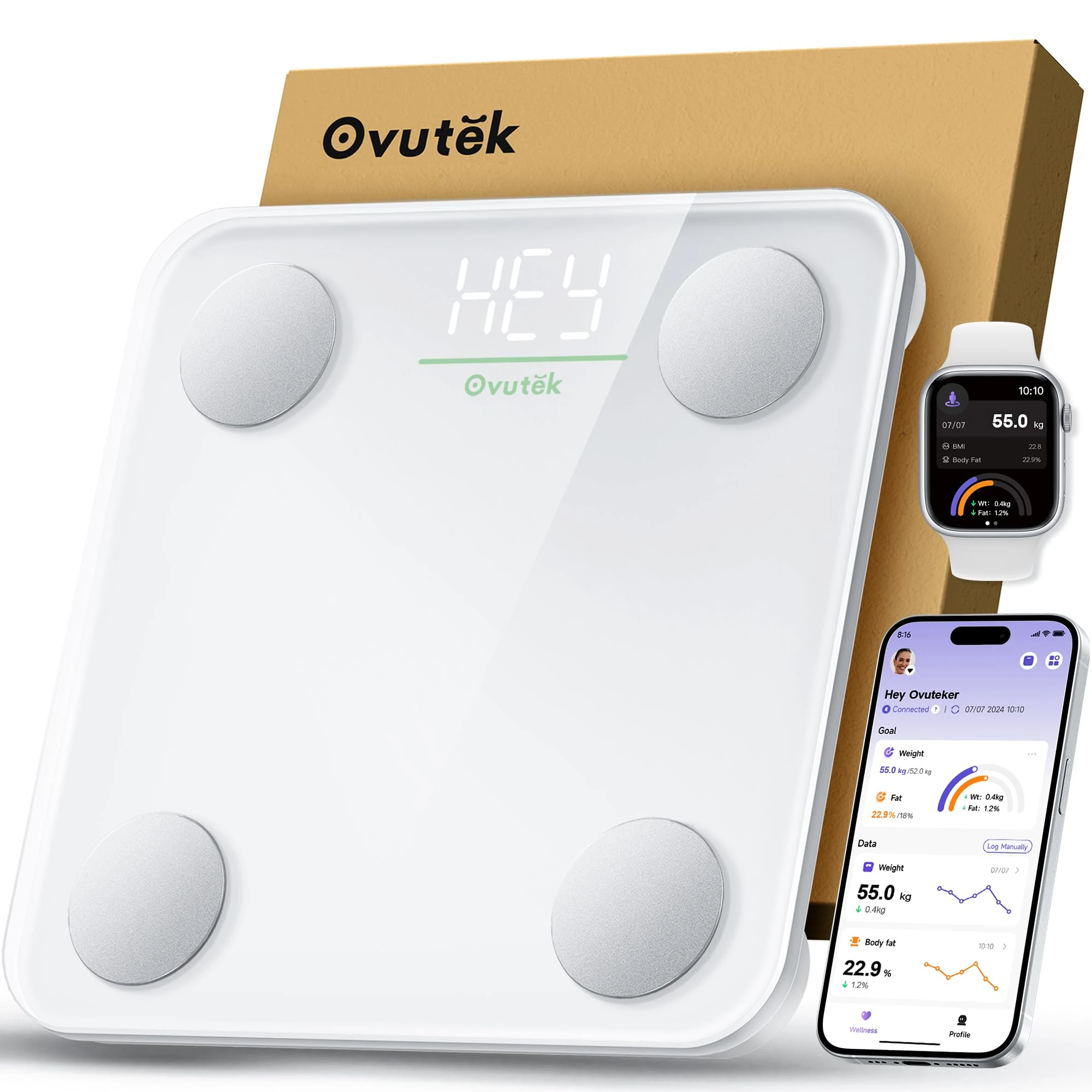 Ovutek Smart Scale for Body Weight, BMI Weighing Body Fat Scale, Accurate 14 Body Composition Scale Monitor for People's Health with Smartphone App, Compact Size Digital Bathroom Scale 180kg