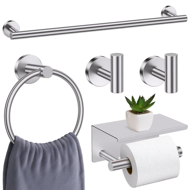 Brushed Nickel Towel Bar Bathroom Accessories Set, 5 Pieces Upgraded Toilet Paper Holder with Shelf Set, 23.6 Inch Towel Racks for Bathroom Towel Holder Wall Mounted