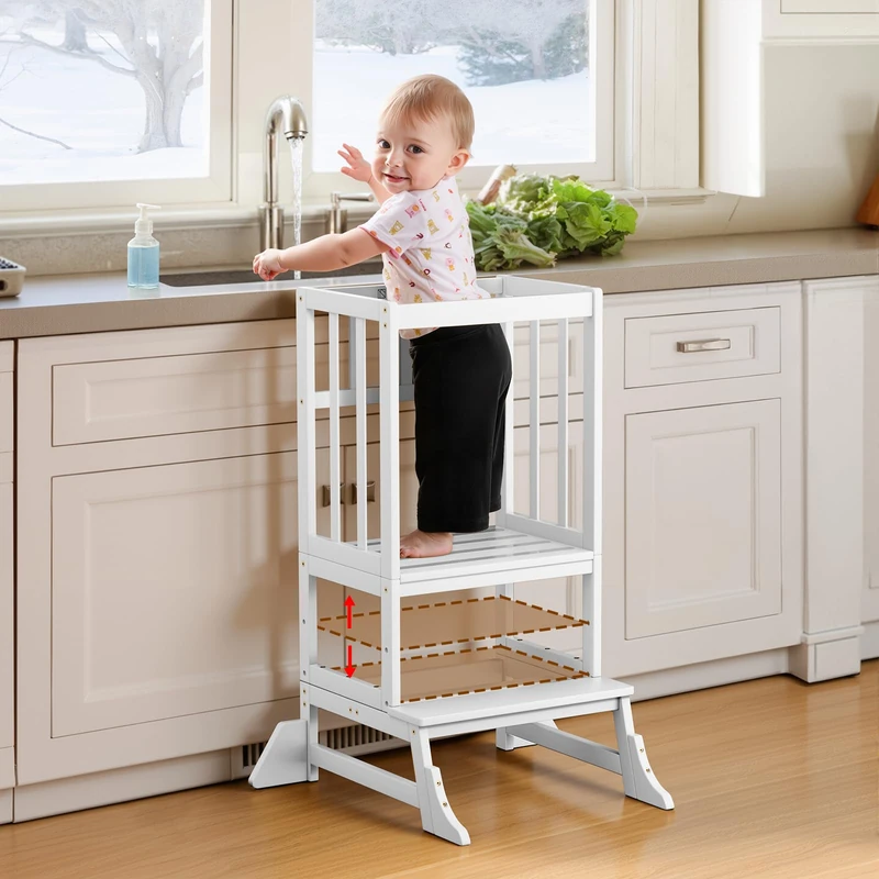 COSYLAND Toddler Step Stool - Height Adjustable Toddler Standing Tower for Kitchen Counter and Bathroom Sink - Kids Kitchen Stool Helper with 4 Stabilizing Blocks (White)
