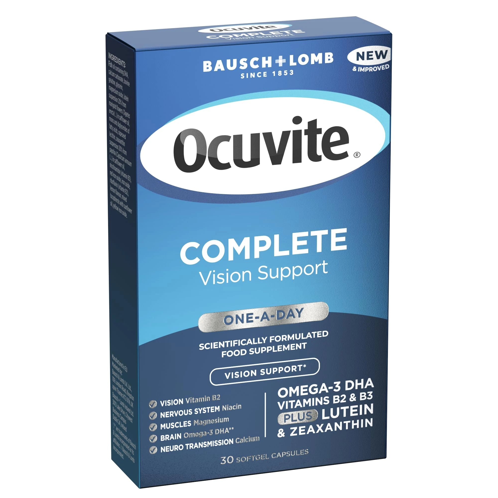 Ocuvite Complete Eye Supplement Capsules by Bausch + Lomb – Lutein and Zeaxanthin Supplement with Omega 3 DHA, Vitamin B2 and Niacin, Supports Normal Vision, Eye Health Supplements 1 Capsule Per Day