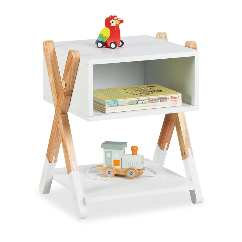 Relaxdays Children's Bedside Table, Nightstand with Open Shelf, 42x34x32 cm, Kids' Bedroom, X-Design, Wood & MDF, White, Fibreboard