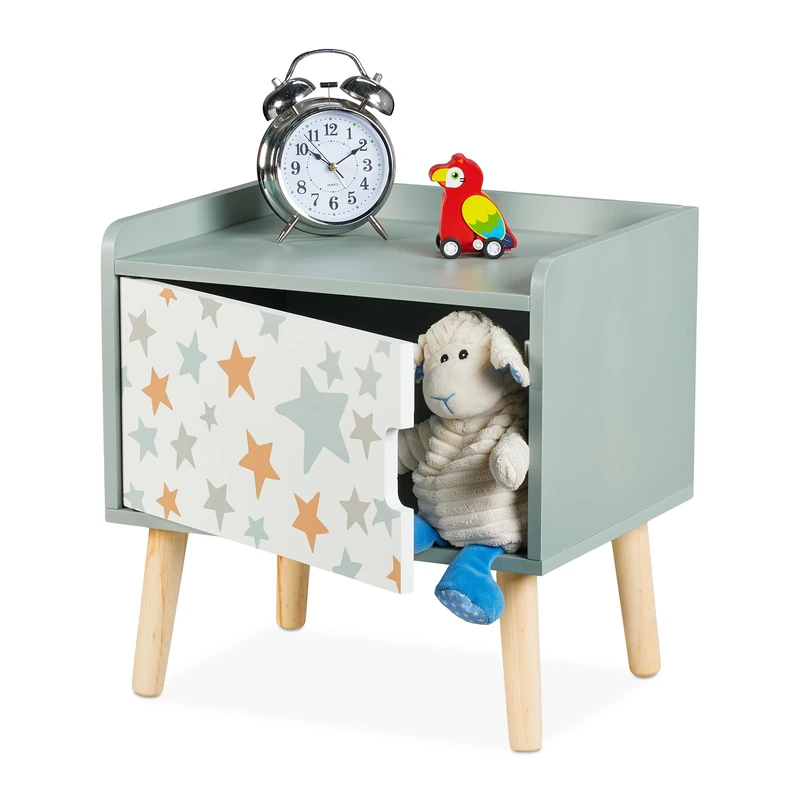 Relaxdays Children's Bedside Table, Stars, Kids Nightstand with Cupboard, HWD 41x40x30 cm, Wood & MDF, White/Green, Fibreboard