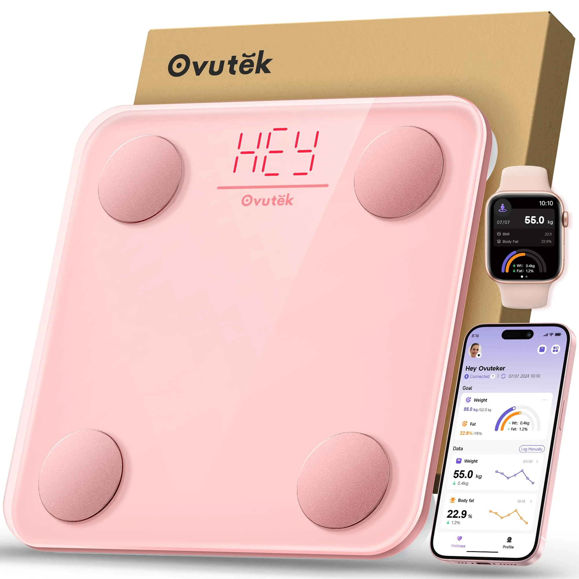 Ovutek Smart Scale for Body Weight, Body Fat Scales BMI Weighing, Accurate 14 Body Composition Monitor Digital Scales with Blutooth Smartphone App, Pink Bathroom Scale Compact Size 180kg
