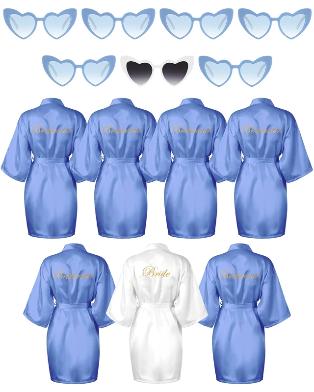 Xuhal 7 Pcs Bride Bridesmaid Robe Sets for Wedding Bridal Party Satin Robes Maid of Honor Robe with Heart Shaped Sunglasses, Light Blue, White, One Size
