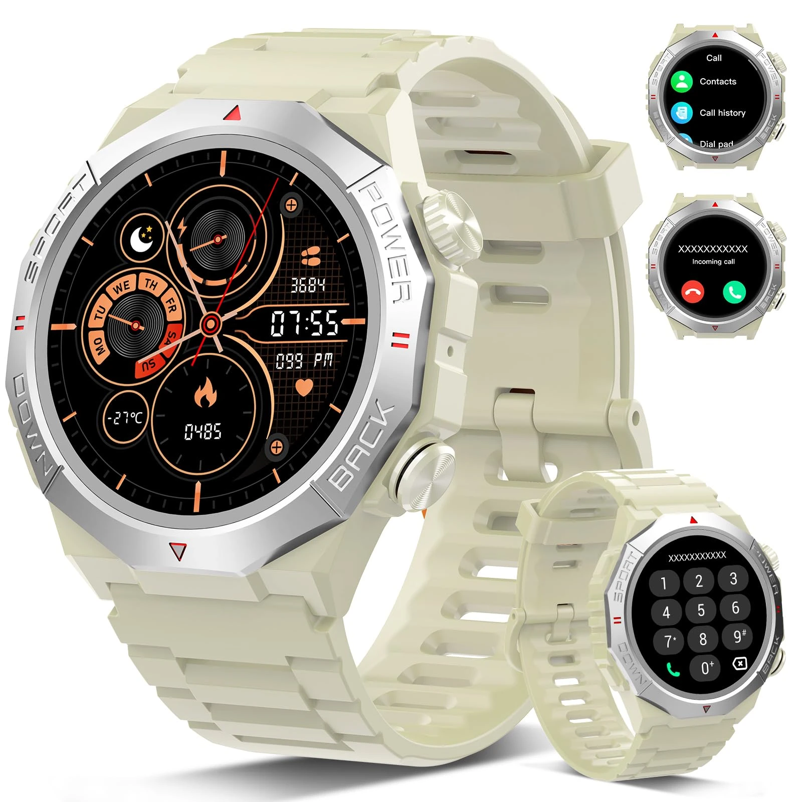 Military Smart Watch for Men Answer/Make Calls, 1.39" HD Fitness Watch with Heart Rate/SpO2/Sleep Monitor, 100+ Sports Modes Activity Trackers, IP68 Waterproof Outdoor Smartwatch, Beige