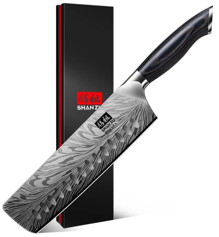 SHAN ZU Japanese Nakiri Knife in Powder Steel, 18 cm Kitchen Knives High Carbon 63 HRC Vegetable Chopper Professional 12°Sharp Blade Chef Knives with Ergonomic Pakkawood Handle